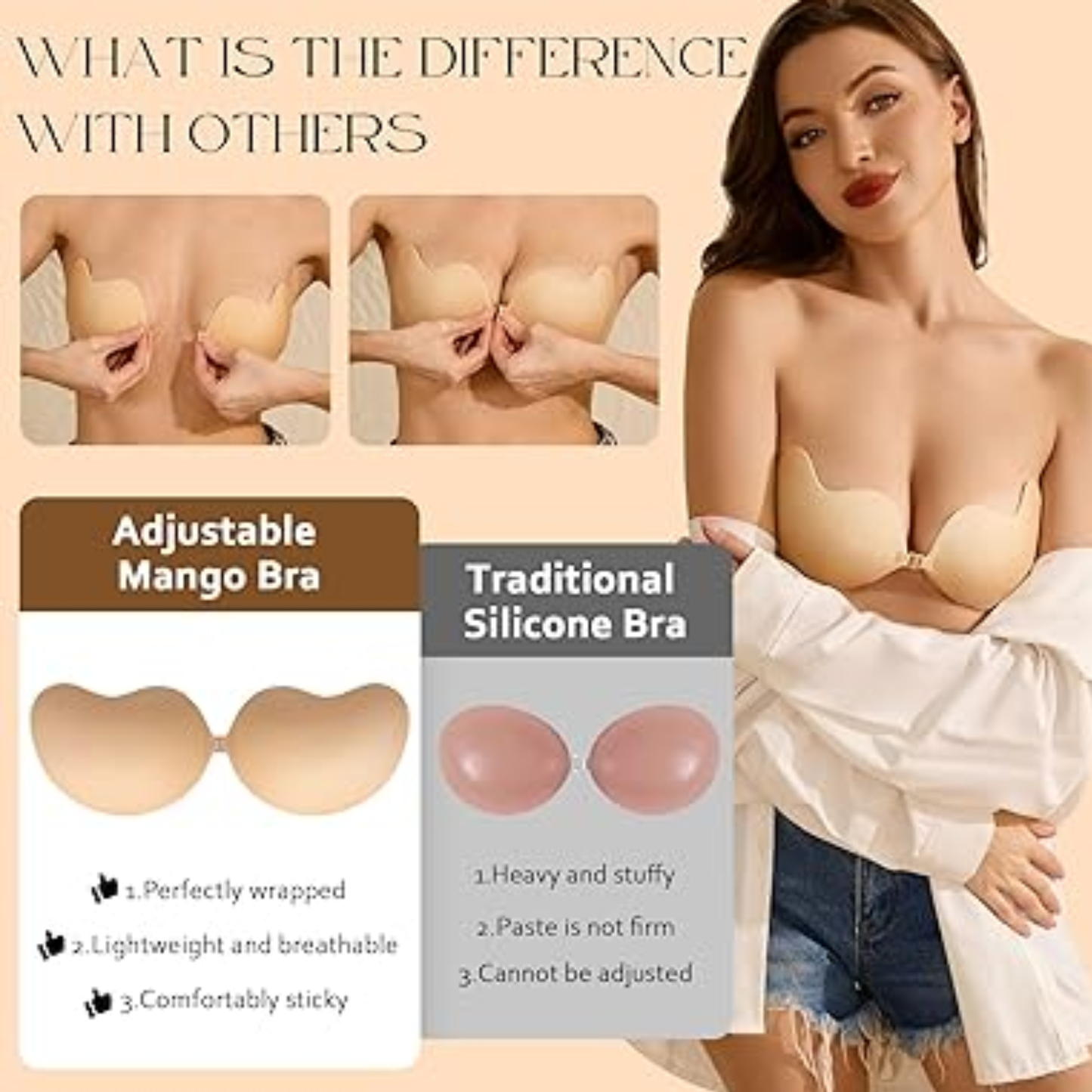 Adhesive push-up bra with open back